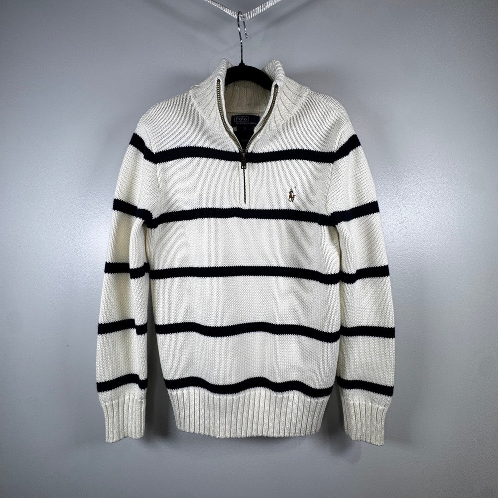 Polo Ralph Lauren Boys Cream Navy Blue Striped Quarter-Zip Cotton Sweater Size S